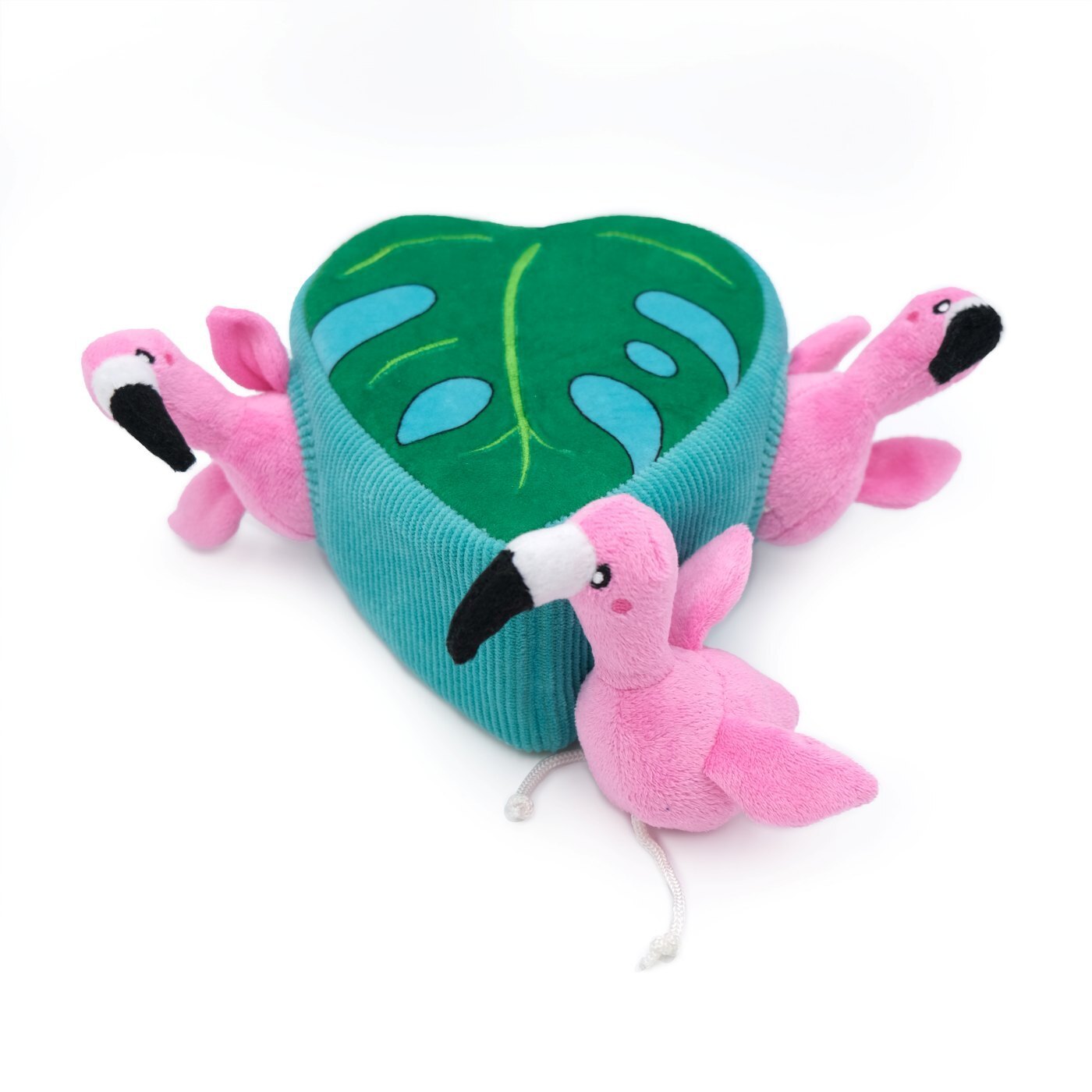 Zippy Paws Burrow toy Monstera leaf and flamingos